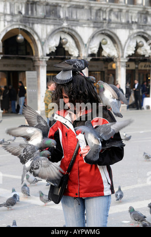 Füttern von Tauben auf St. Marks Square, Venedig, Veneto, Italien, Europa Stockfoto