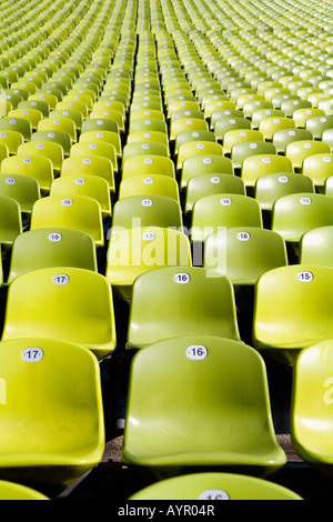 Nummerierte Sitzplätze in einem leeren Stadion Stockfoto