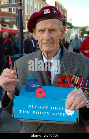 Zweiten Weltkrieg Veteran Verkauf Mohn für Erinnerung-Tag, Melton Mowbray, Leicestershire, England, UK Stockfoto