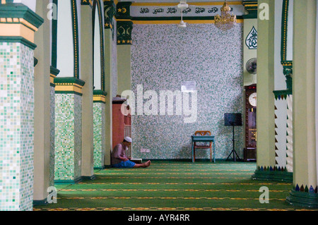 Muslimischen Mann sitzt im Gebetssaal lesen Masjid Abdul Gafoor Moschee wenig Indien Singapur Stockfoto