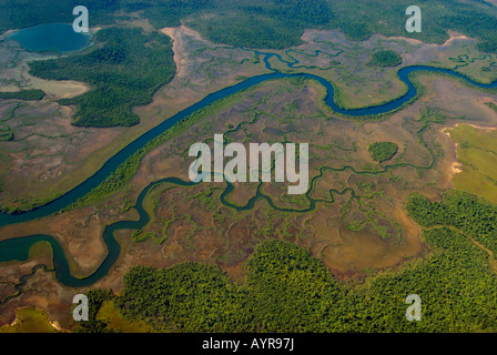 Luftaufnahme von einem mäandernden Fluss, Belize, Mittelamerika Stockfoto