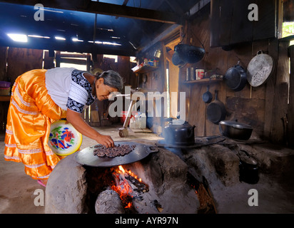 Alte Maya-Frau, die Kakao (Kakao) Bohnen im Maya-Dorf San Antonio, Belize, Mittelamerika röstet Stockfoto