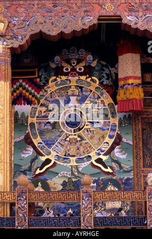 Ein Wandbild für das Rad des Lebens Malerei, Bhutan Stockfoto