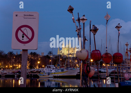 Fischerei Hafen bei Sonnenuntergang und Kathedrale La Seu (zurück), Palma, Mallorca, Balearen, Spanien Stockfoto