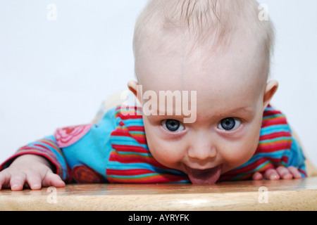 Sechs Monate altes Babyjungen lecken seinen Stuhl nach dem Essen Stockfoto