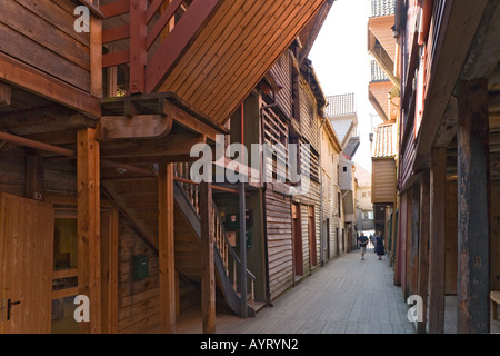 Das Weltkulturerbe von Anfang des 18. Jahrhunderts Holzbauten in The Bryggen, Bergen, Norwegen Stockfoto