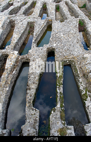 mehrere antike Gräber geschnitzt aus Naturstein gefüllt mit Regenwasser im 5. Jahrhundert christliche Begräbnisstätte Stockfoto
