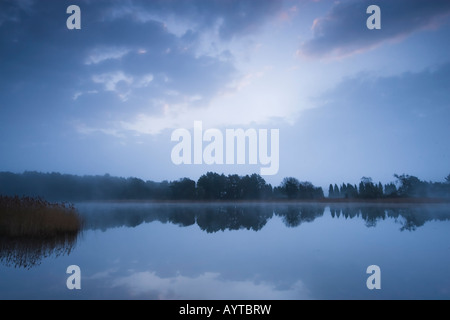 Ein nebliger Sonnenaufgang an Frensham Teiche, Farnham, Surrey. Stockfoto