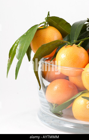 Orange, Mandarine mit grünen Blättern, die isoliert auf weißem Hintergrund Stockfoto