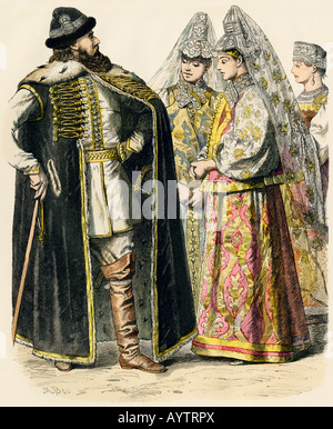 Russischen Adligen und Damen im Sommer Bekleidung 1700. Hand-farbig drucken Stockfoto