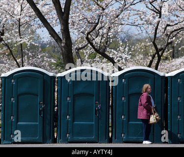 Tourist in der Schlange vor Mobiltoiletten während Cherry Blossom Festival in Washington D.C. Stockfoto