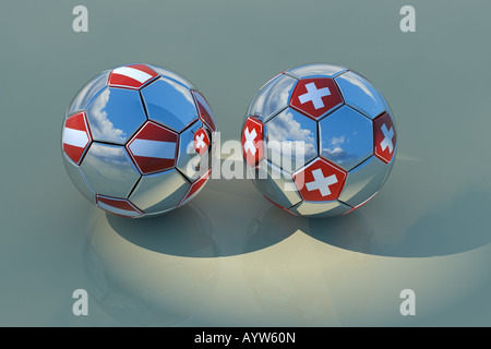 Zwei verchromte Kugeln mit Fahnen von Österreich und der Schweiz 3D-Rendering mit Reflexionen von blauer Himmel mit Wolken Stockfoto