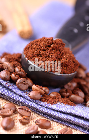 frisch gemahlener Kaffee bei der Messung der Tasse und Kaffee Bohnen Fokus auf Kaffeebohnen verstreut Stockfoto