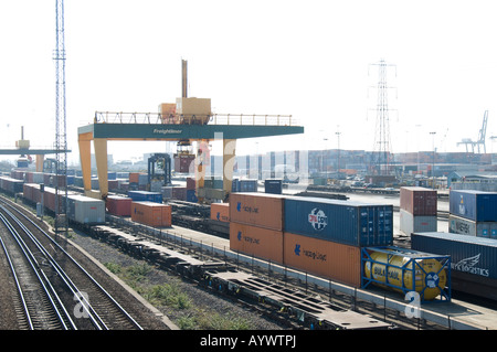 Container auf Eisenbahnwaggons Freightliner Terminals in Southampton Docks aufgehoben wird Stockfoto