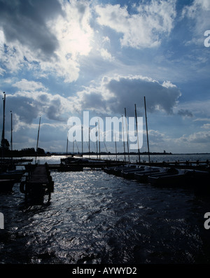 Duemmer See, Bootsanlegeplatz, werden, Gewitterstimmung, Dunkle Wolken am Himmel, Gegenlicht, Lembruch, Naturpark Duemmer, Niedersachsen Stockfoto