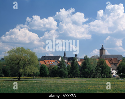 Stadtpanorama, Stadtsilhouette, Wiesenlandschaft, Steinau eine der Strasse, Kinzigtal, Naturpark Hessischer Spessart, Hessisches Bergland, Hessen Stockfoto