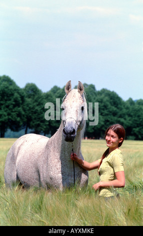 Junge Frau Mit Vollblutaraber Vollblutpferd näher Und Pferdesport Vollblutaraber posiert Modell Mensch Und Pferd Stockfoto