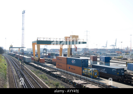 Container auf Eisenbahnwaggons Freightliner Terminals in Southampton Docks aufgehoben wird Stockfoto