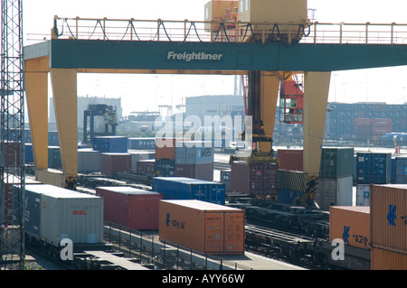 Container auf Eisenbahnwaggons Freightliner Terminals in Southampton Docks aufgehoben wird Stockfoto