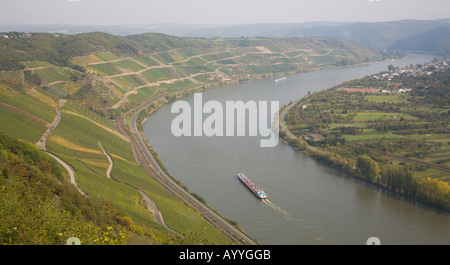 Blick über die Bopparder Hamm Weinbauregion am linken Ufer des Rheins im deutschen Mitte-Rheintal Stockfoto