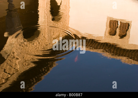 Ein Goldfisch bricht die Oberfläche des Wassers in einem Pool im Patio de Los Mapuches in der Alhambra in Granada Spanien. Stockfoto