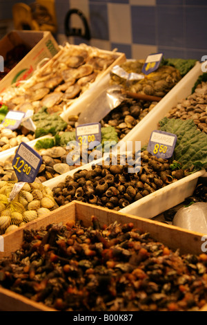 Ein Fischhändler Stall weiterleben Sie Schalentiere zum Verkauf. Lebensmittel-Markt Mercat De La Boqueria, Barcelona, Spanien Stockfoto