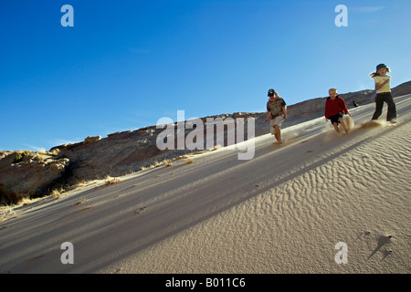 Namibia, Erongo Region Brandberg Mountain. Ein Gruppe junger Freunde heruntergekommen die Steilwand einer Sanddüne kicking Sand. Stockfoto