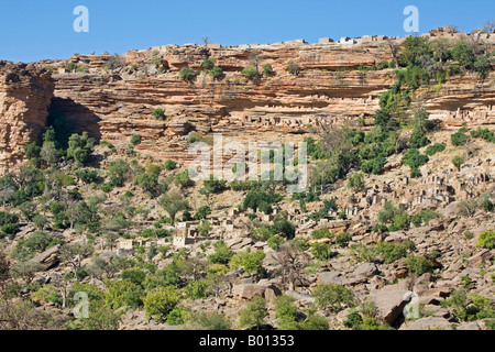 Mali, Dogonland, Banani. Attraktive Dogon-Dörfer am Fuße der 120 Meilen langen Bandiagara Böschung gebaut. Stockfoto