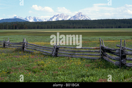 Eine alte hölzerne Zaun auf einer Wiese in der Nähe von den Sawtooth Mountains in das Hochland von der Rocky Mountains of Idaho Stockfoto