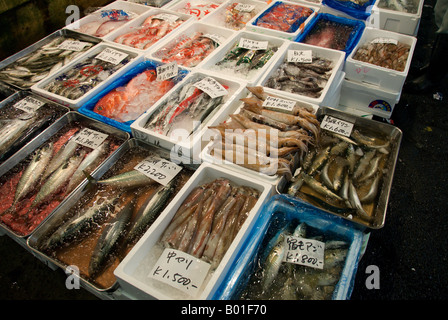 Eine Auswahl an Meeresfrüchten für Verkauf auf dem Tokyo zentrale Großmarkt am Tsukiji, Tokio. Stockfoto