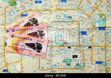 Straßenkarte von zentralen Peking China 2008 mit u-Bahn-tickets Stockfoto