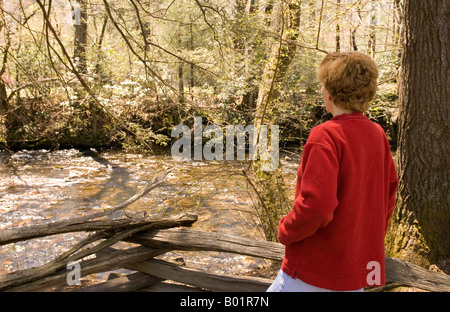 Kaukasische Frau (50-55) entspannt bei Davidson River Campground in der Nähe von Brevard North Carolina USA Stockfoto