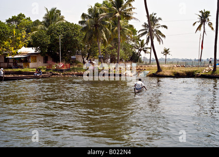 Indien ALLEPPEY große Herde von domestizierten Enten watscheln hinunter zum Wasser auf einem der Kanäle in den Backwaters von Kerala Stockfoto