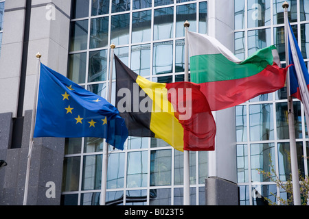 Europäischen und nationalen Flaggen der europäischen Nationen außerhalb der Spaak Gebäude, Europaparlament, Brüssel, Belgien. Stockfoto