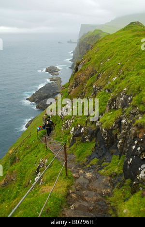 Wanderweg auf den Klippen führt zum Leuchtturm auf Mykineshólmur Insel, Insel Mykines, Färöer Inseln Stockfoto