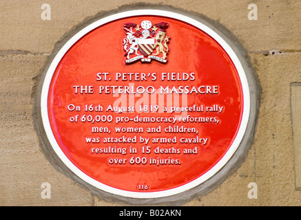 Rote Gedenktafel Peterloo-Massaker, Manchester Stockfoto