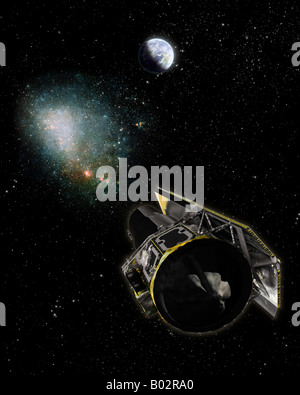 Spitzer Space Telescope, ein Satelliten-Galaxie und der Erde. Stockfoto