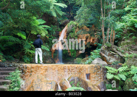 Azoren, touristische Caldeira Velha Wasserfall, Insel Sao Miguel. Stockfoto