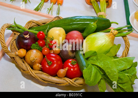 Korb mit Bio Gemüse an Blumen- und Produkte zeigen Harlech Wales UK Stockfoto