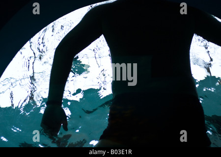 Im Schwimmbad hinter Glaswand Stockfoto