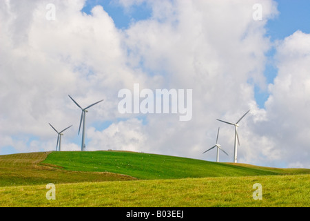 Hochland-Windpark in Wales mit Windgeneratoren auf grünen Hügeln und blauem Himmel Stockfoto