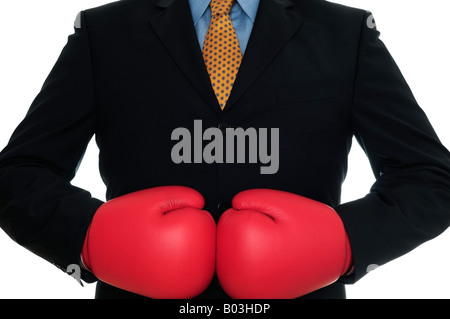 Unternehmer tragen Boxhandschuhe schließen gegen einen weißen Hintergrund Stockfoto
