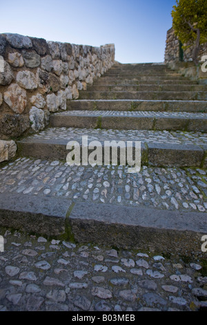 Treppe zum Castell de Guadalest, Burg Guadalest, in der Stadt von Guadalest, Costa Blanca, Provinz Alicante Stockfoto