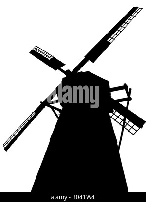 Schwarz und weiß (bw b&w) Windmühle. Illustriert, isoliert auf weiss (Ausschnitt, Ausschnitt, Ausschneiden) Foto. Stockfoto