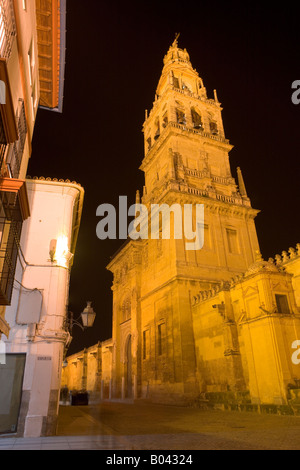 Torre del Alminar (Glockenturm) von der Mezquita (-Moschee-Kathedrale) in der Nacht in der von der Stadt Cordoba Stockfoto