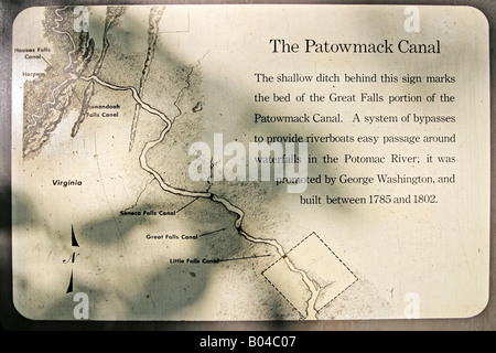 Eine illustrierten Zeichen beschreibt den alten Patowmack-Kanal, Great Falls, Virginia Stockfoto