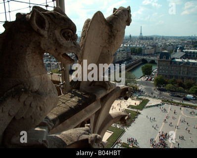 Tour Eiffel und Place du Parvis Notre Dame, von der Galerie des Chimères (Kathedrale Notre-Dame) gesehen. Paris. Frankreich Stockfoto