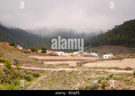 Das Dorf Vilaflor, Teneriffa, mit Wolken Materialseilbahn auf den Pinienwald oben Stockfoto