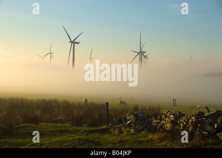 Windpark entstehende Morgennebel an der Causeymire, Caithness, Schottland, Großbritannien Stockfoto