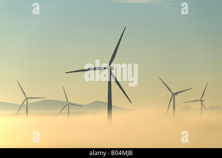 Windpark entstehende Morgennebel an der Causeymire, Caithness, Schottland, Großbritannien Stockfoto